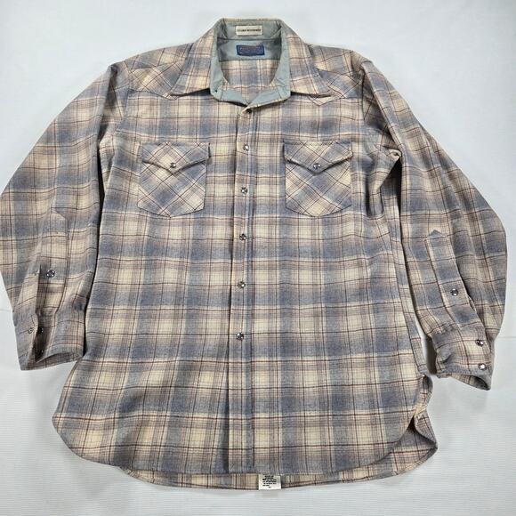 Pendleton 100% Virgin Wool Brown Plaid Long Sleeve Pearl Snap Flannel Size Large - Picture 1 of 8